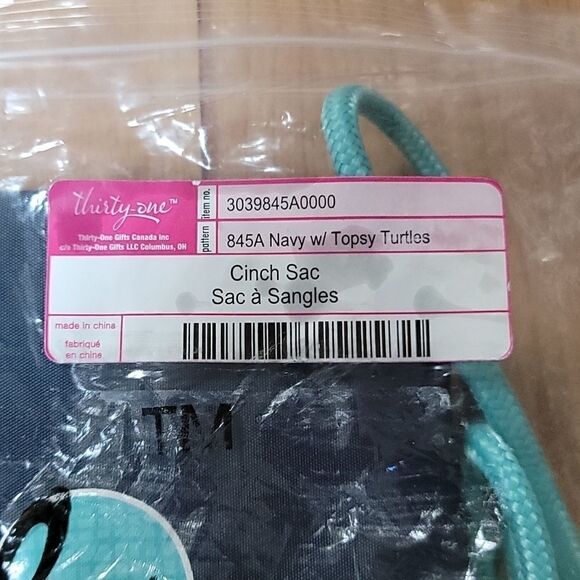 THIRTY-ONE NAVY BLUE TOPSY TURTLES CINCH SAC - NEW! - Picture 6 of 6